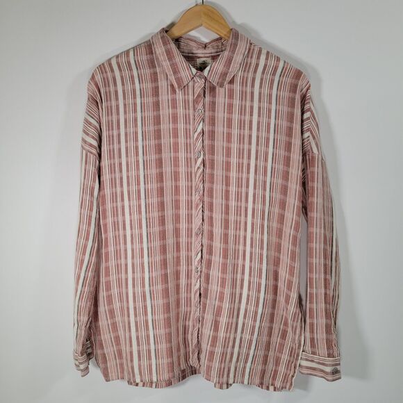 O'NEILL Arlow Red White Stripe Top Size M Gauzy Cotton Beachy Button Up - Picture 1 of 7